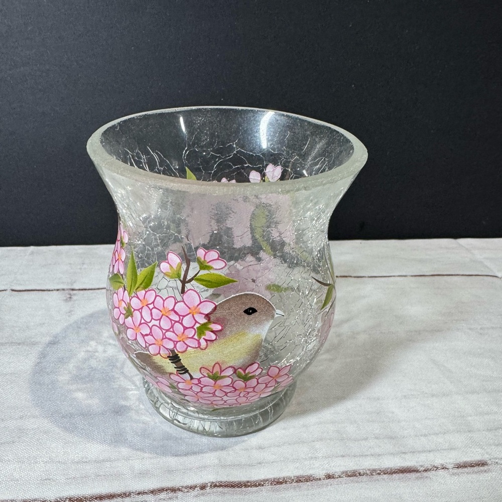 Cracked Glass Vase Votive Tea Light Candle 4” Bird Cherry Blossoms